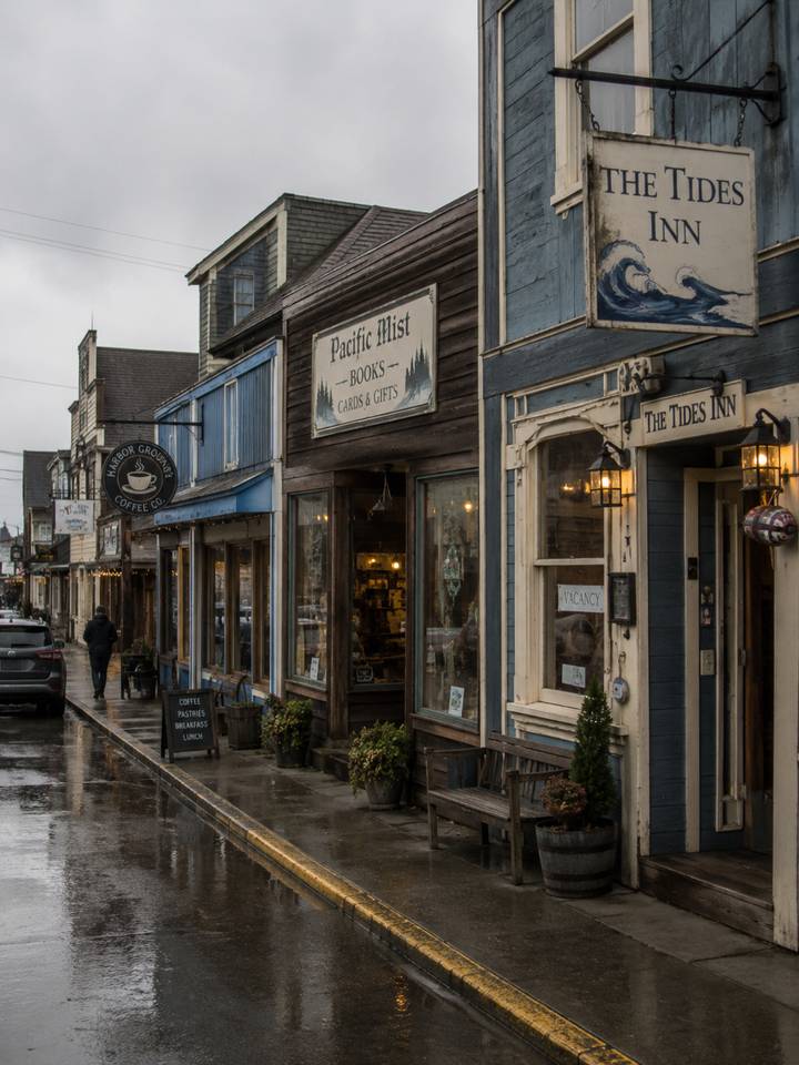 A rain-slick coastal main street lined with local storefronts — an inn, a bookshop, and a coffee shop — on the Pacific Northwest coast