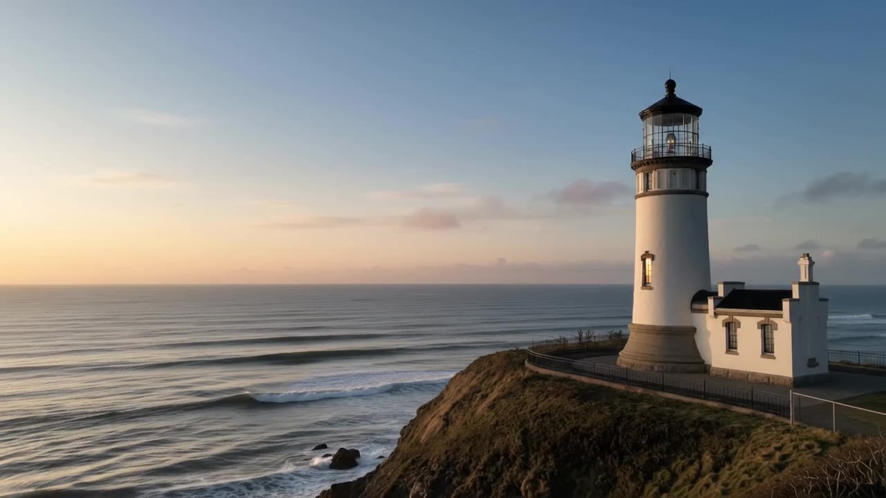 North Head Lighthouse on its grassy headland above the Pacific at sunset, waves rolling in below