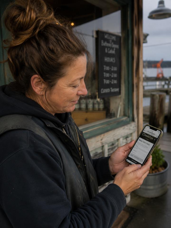 A coastal business owner viewing her website on a phone outside her storefront, hours board and harbor behind her
