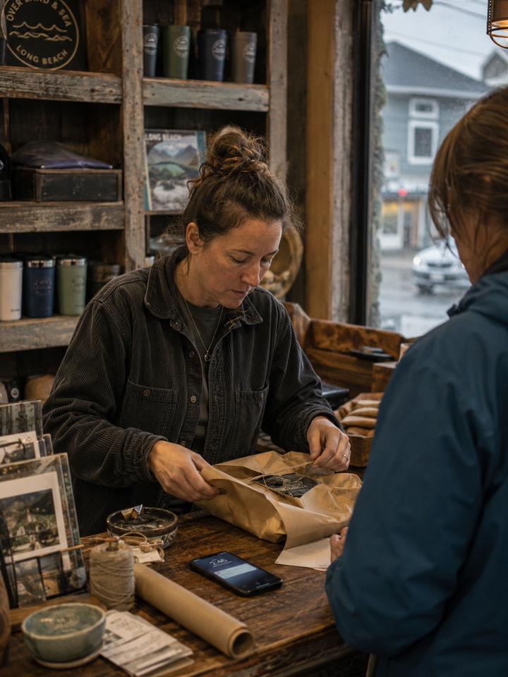 A coastal shop owner hand-wrapping a purchase for a customer, hands full and her phone resting on the counter