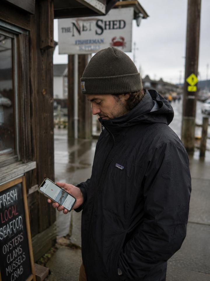 A visitor checking his phone on the sidewalk outside a coastal seafood shop, finding a local business while he stands in front of it