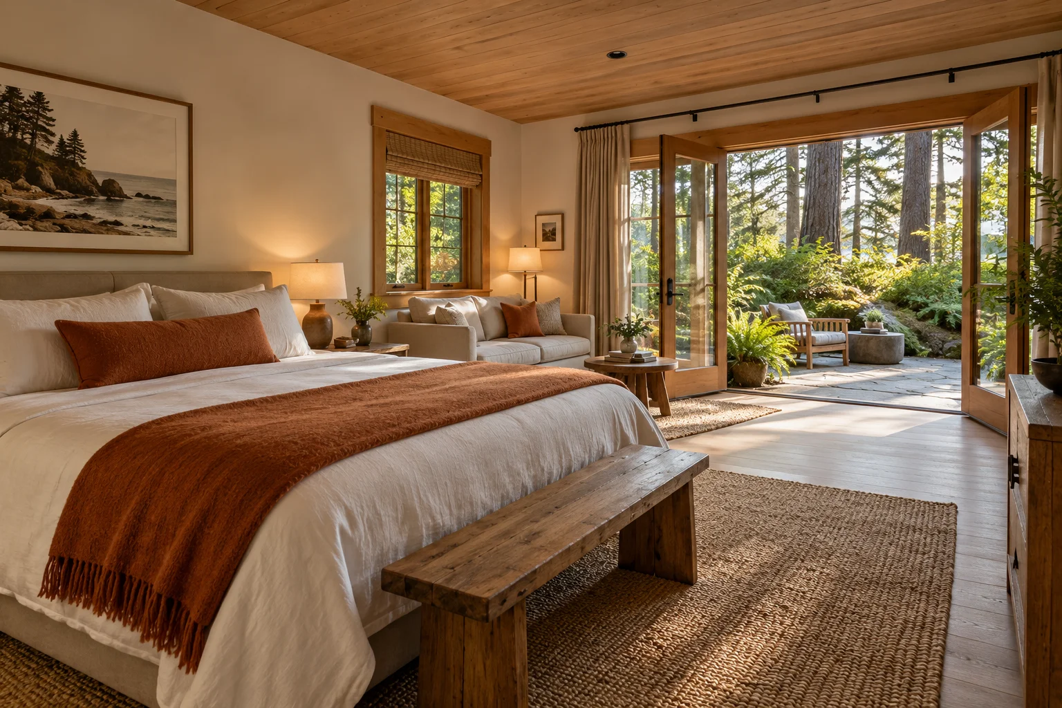 Illustrative Garden Suite bedroom at the fictional Headland House inn