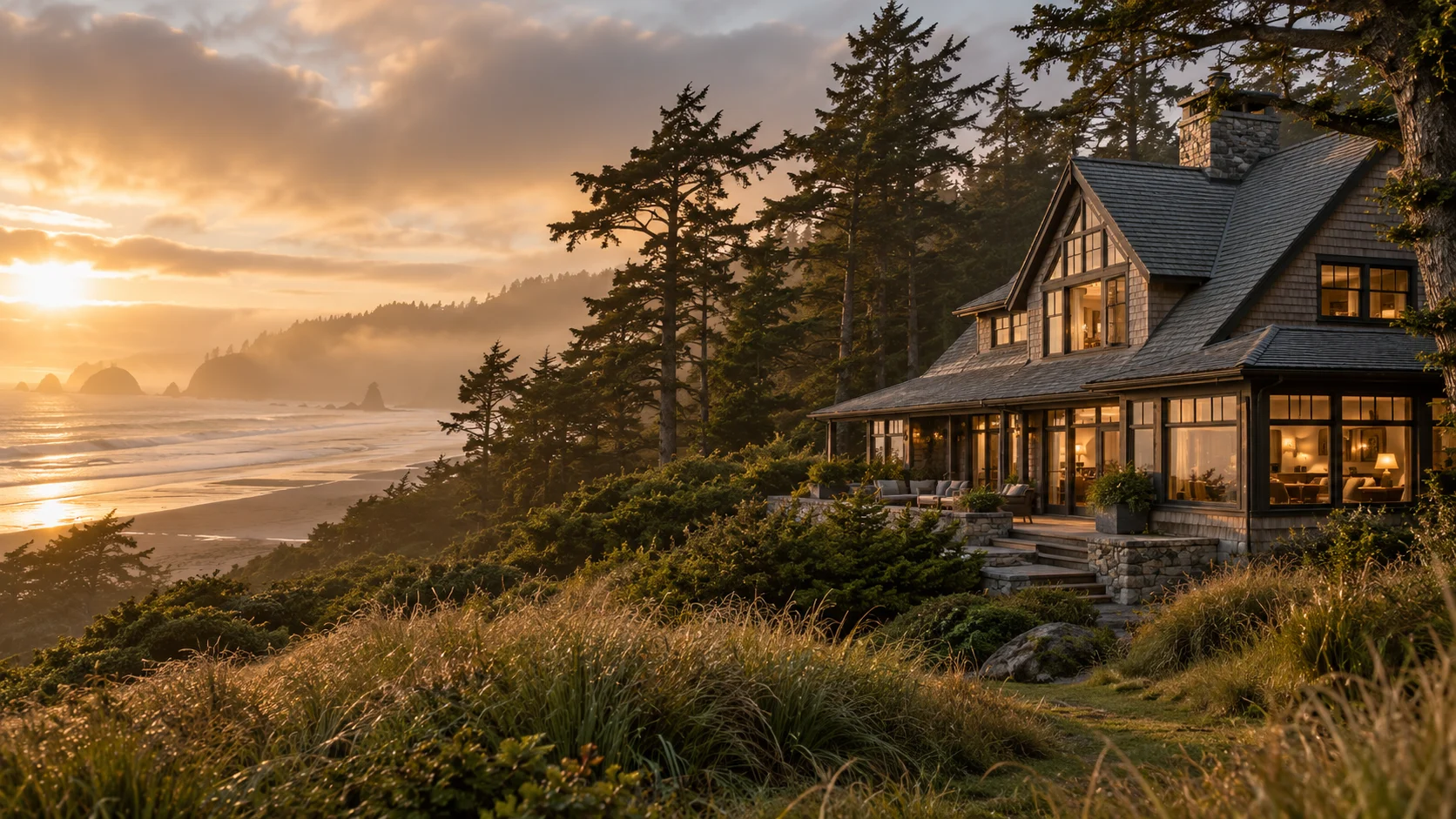 Illustrative cedar inn overlooking a misty Pacific coast among windswept pines