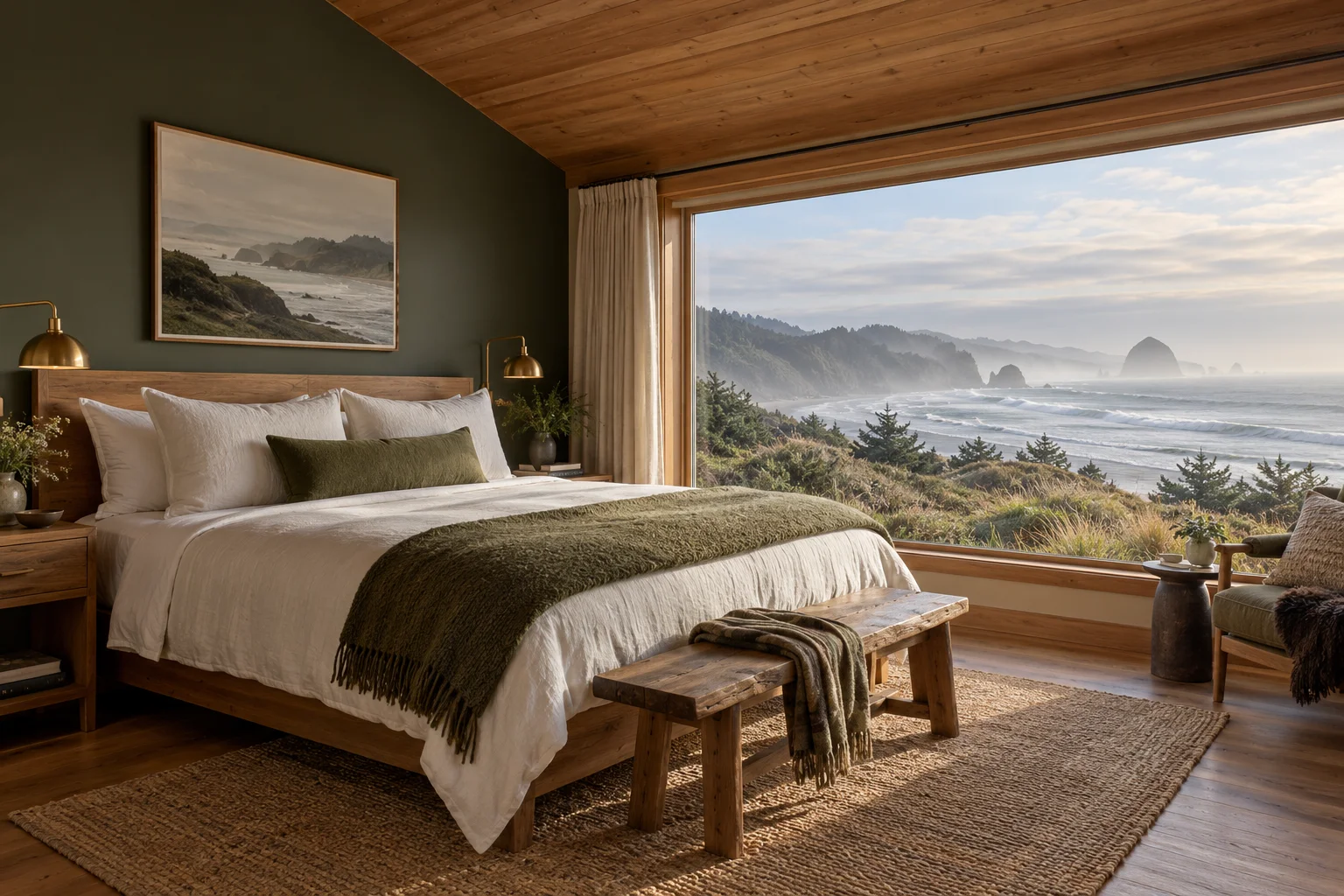 Illustrative Ocean Loft bedroom at the fictional Headland House inn